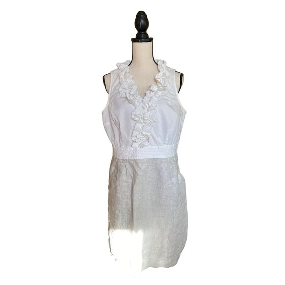 Loft Womens Dress Size 12 White Silver Sleeveless Ruffle Neck Textured Skirt Y2K - Picture 1 of 11